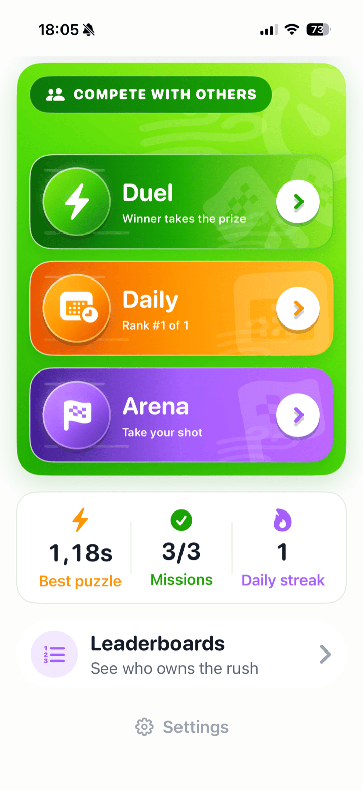 Tally Rush competition screen with Duel, Daily, and Arena