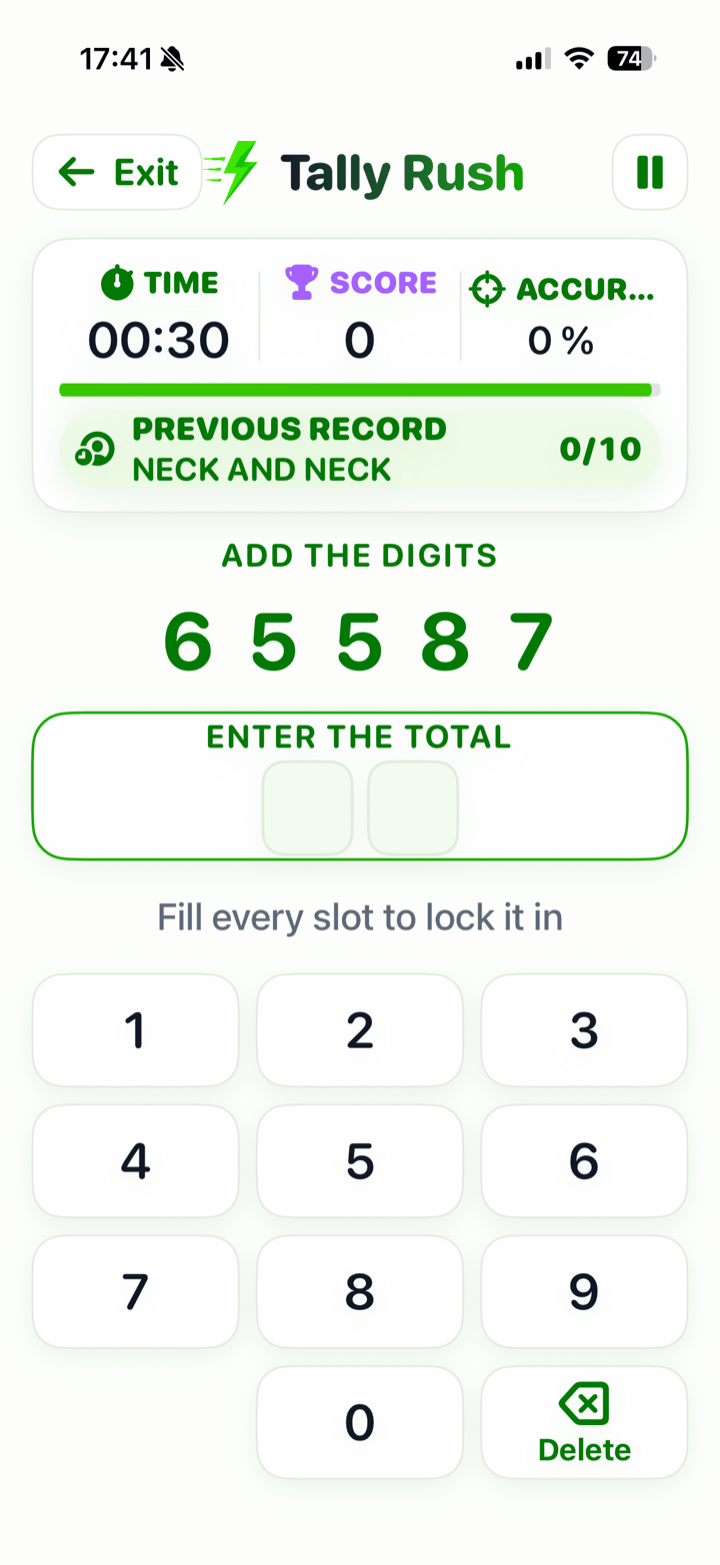 Tally Rush gameplay showing a quick five-digit sum