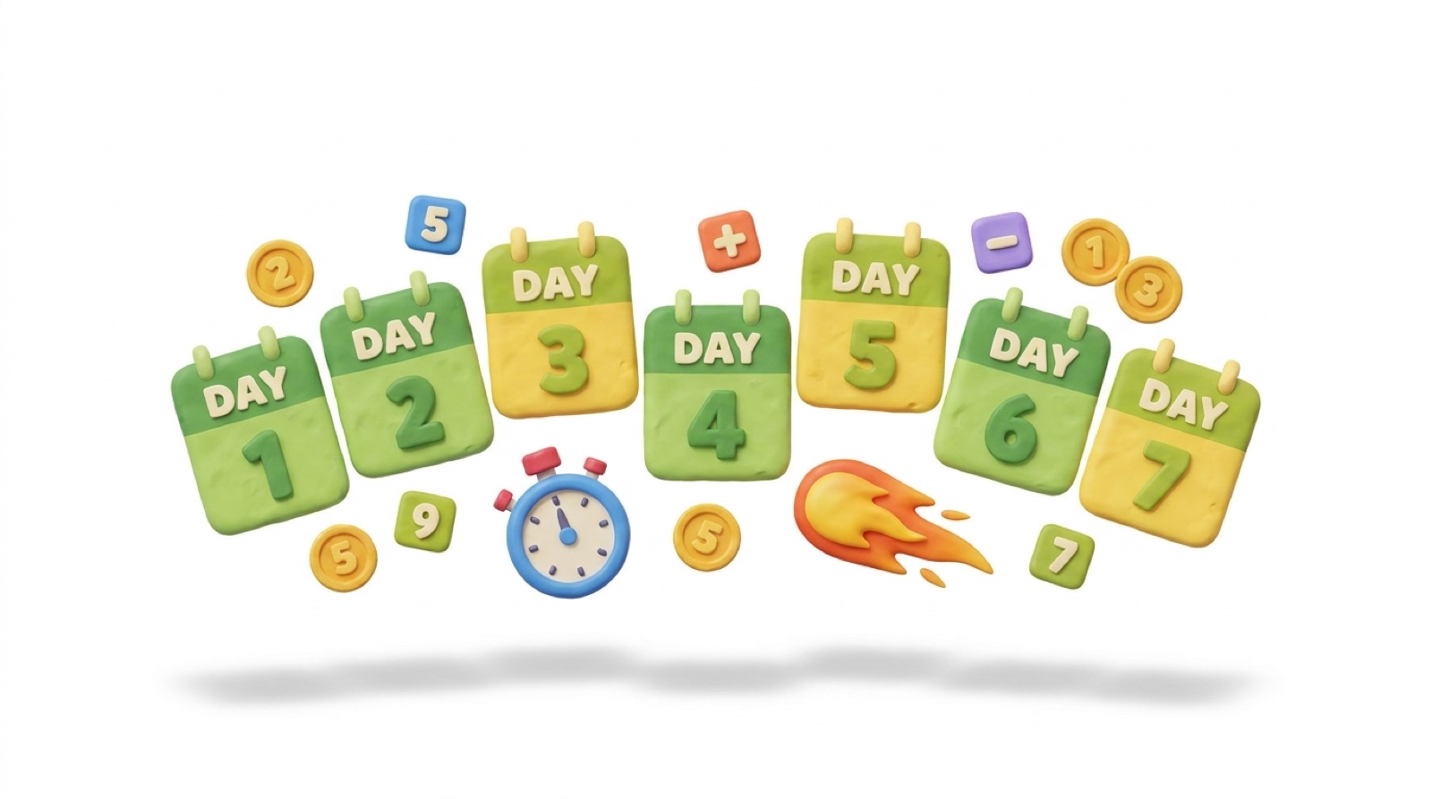 A playful seven day mental math challenge scene with calendar tiles, arithmetic blocks, a stopwatch, score coins, and a streak icon