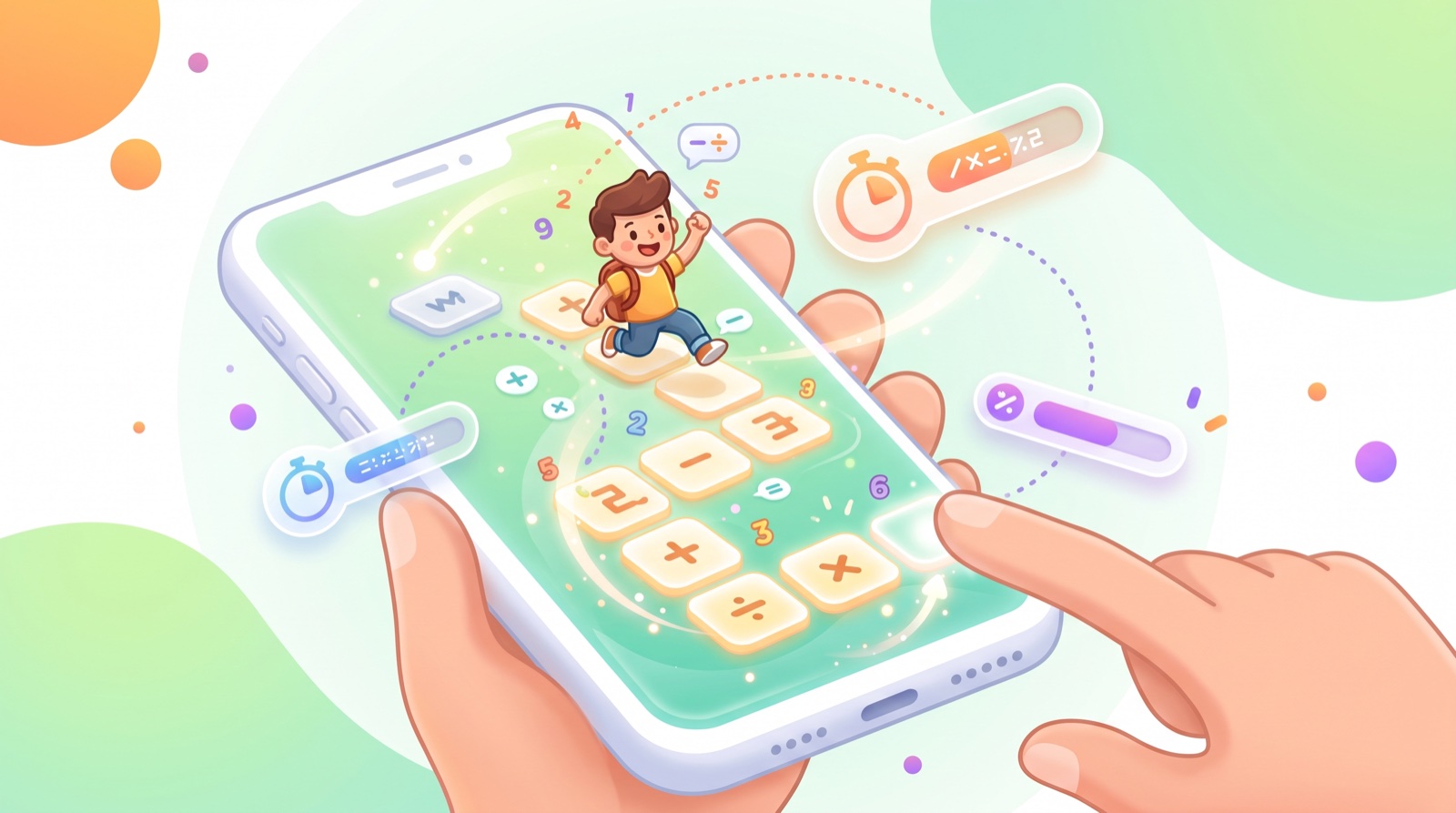 A playful mental math game scene with numbers, letters, tiles, and a timer