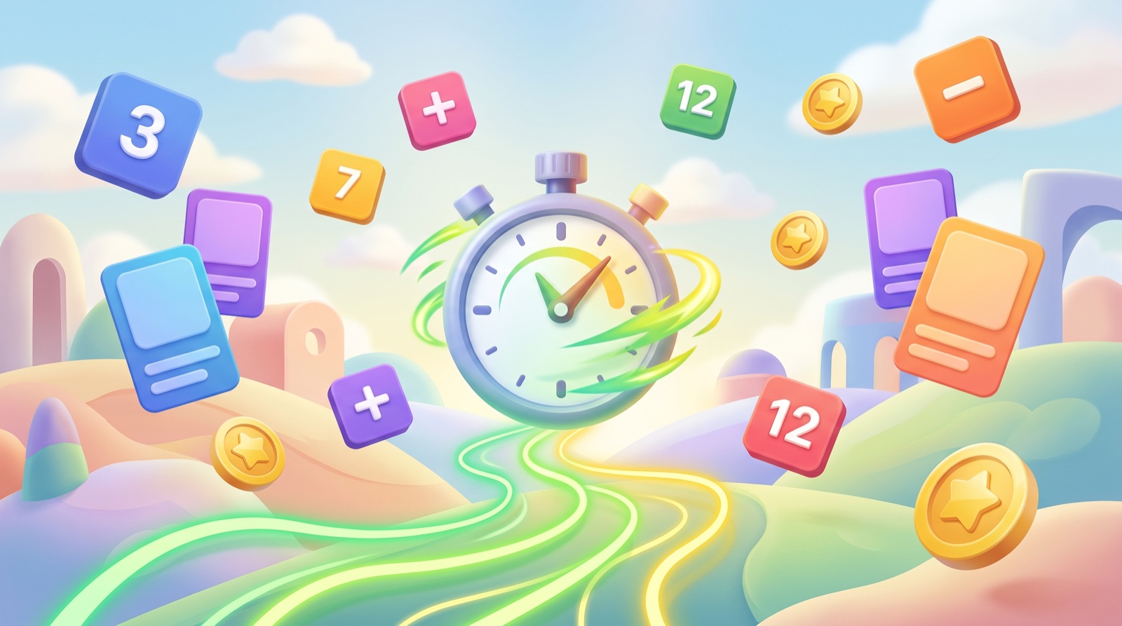 A playful mental math game comparison scene with number tiles, a stopwatch, app cards, and score coins