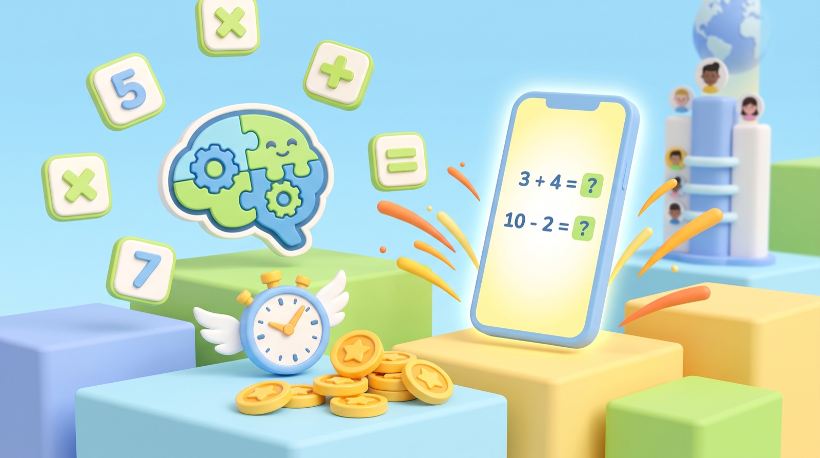 A playful mental math scene with arithmetic tiles, a stopwatch, score coins, a puzzle brain icon, and a phone showing simple sums