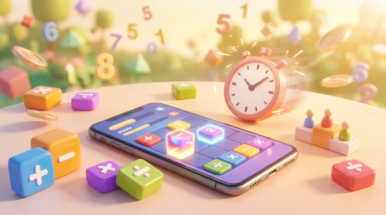 A playful mental math practice scene with arithmetic tiles, a stopwatch, score coins, a small podium, and a phone showing a number game