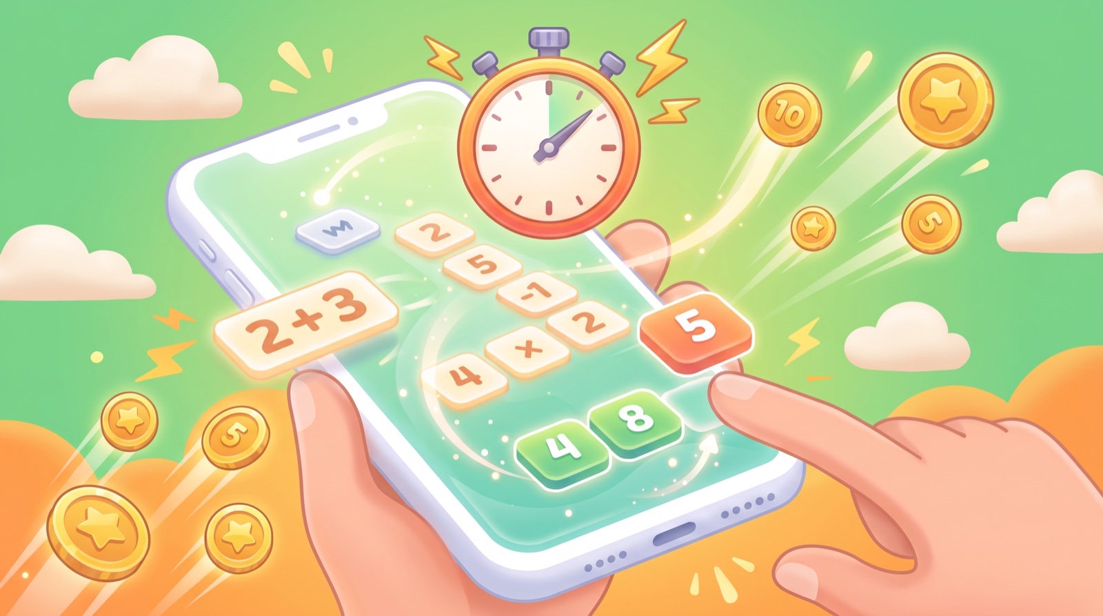 A playful Tally Rush mental math speed scene with arithmetic tiles, a timer, score coins, and motion trails